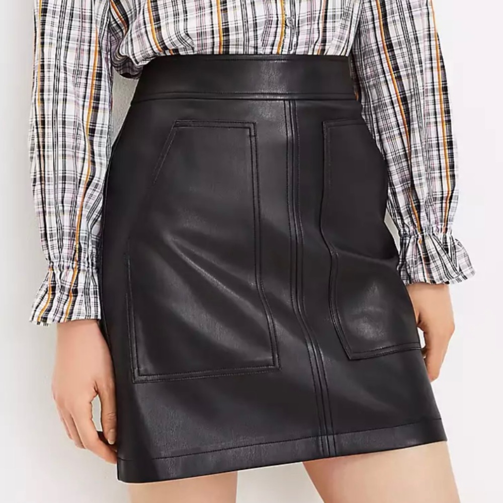 NWT Loft | Faux Leather Pocket Shift Skirt, black, 8 Petite
